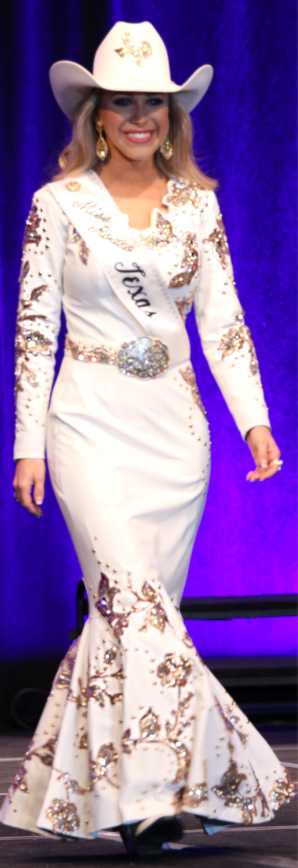 Tianti Carter, Miss Rodeo  Miss Rodeo Texas 2017 in a white lambskin dress with Savina gold leather appliques